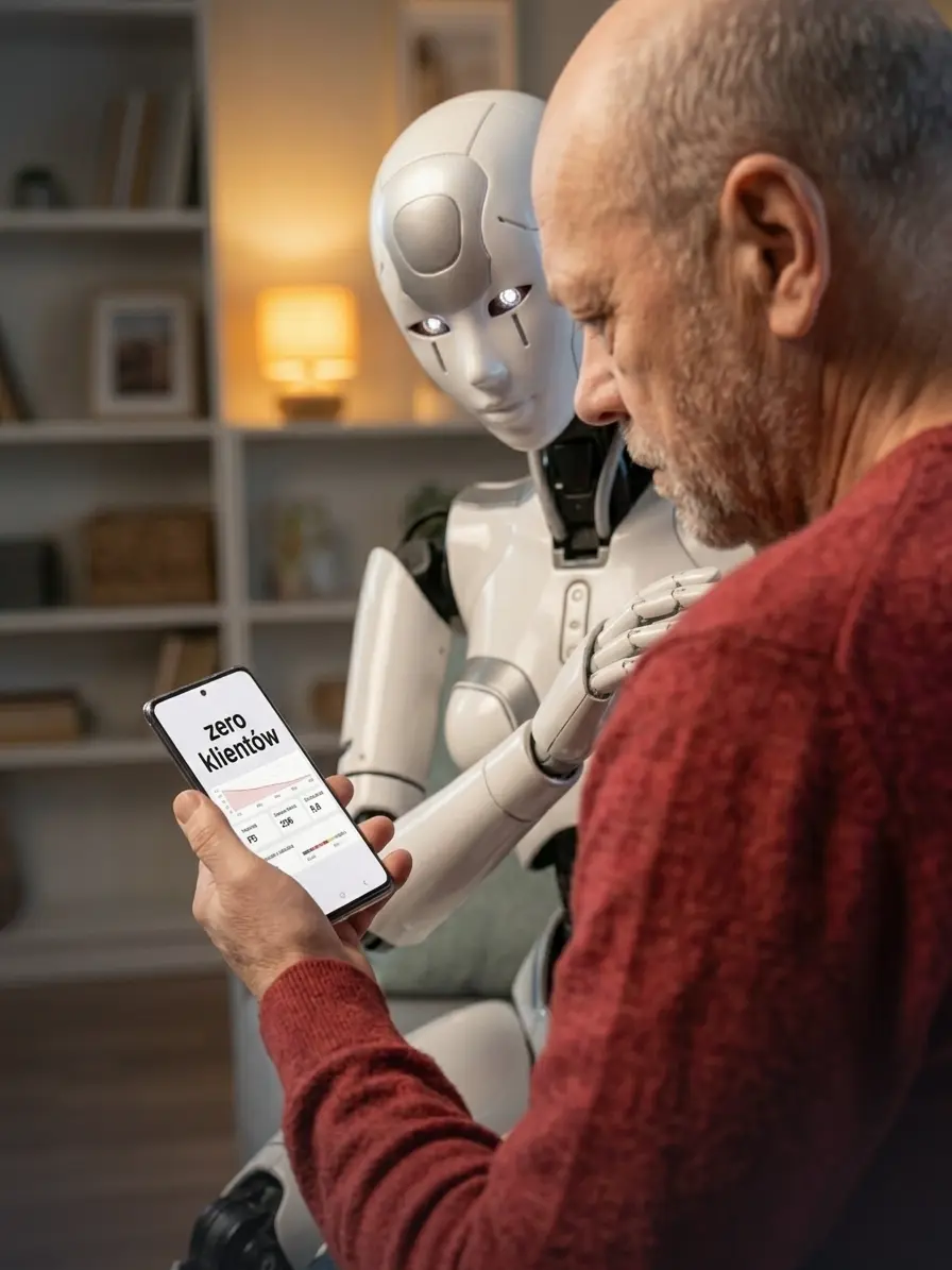 Mężczyzna patrzy w telefon z podsumowaniem „zero klientów”, obok niego stoi robot — strona firmowa działa, a zapytań z niej nie ma