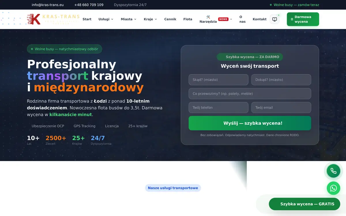 Strona główna Kras-Trans — firma transportowa z Łodzi, cztery wersje językowe