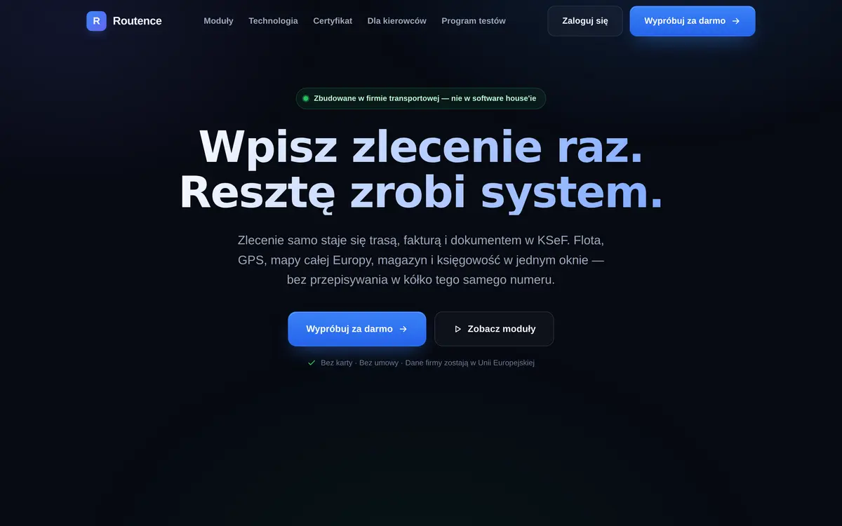Strona główna Routence — systemu do prowadzenia firmy transportowej